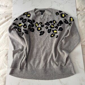 Aqua by Bloomingdale’s Grey Cashmere Sweater with Yellow and Black Leopard Print